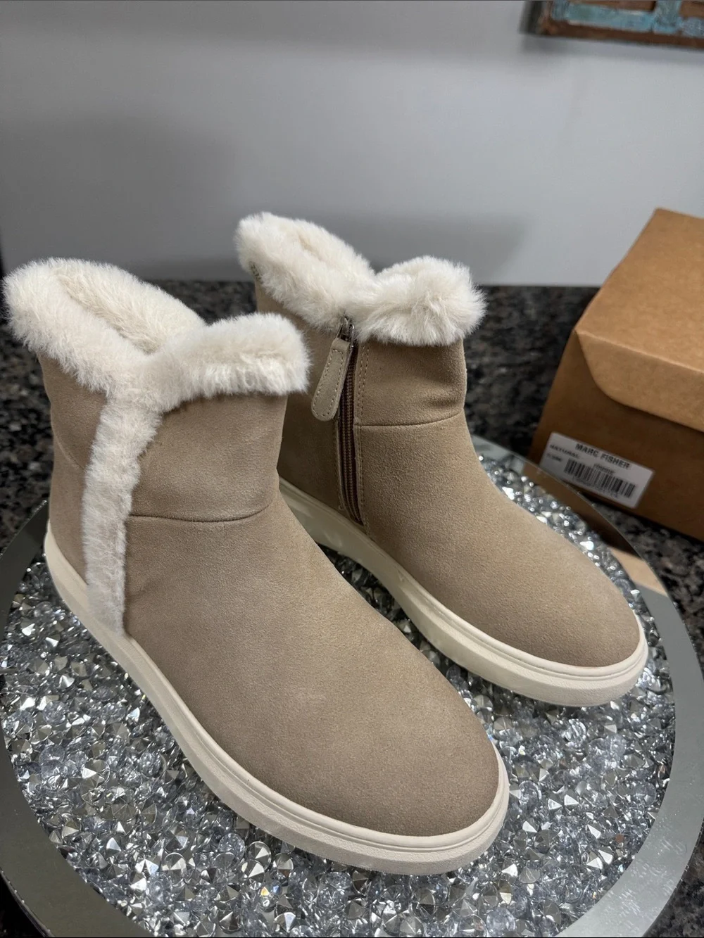Marc Fisher Foggie Taupe Suede and faux fur Trim Ankle Boots NEW 7.5